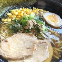 Shoyu Ramen · Soy sauce chicken broth. Topped with corn, half pickled egg, bean sprout, green onion and no...