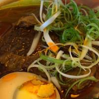 Beef Ramen · Beef bone soup with noodles topped with beef brisket, 1/2 hard-boiled egg, broccoli and gree...
