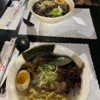 Tonkotsu Shio · Salt flavored pork broth with noodles topped with bamboo shoots black mushrooms, green onion...