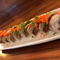Spicy D Roll · Kanikama, cucumber, fried shrimp, topped with sea steak, avocado, spicy sauce, spicy aioli, ...