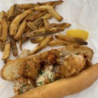 Fried Lobster Poboy Sandwich · With remoulade 'n drawn butter.