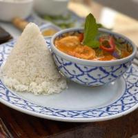 Red Curry · Bamboo shoot, Eggplant, string beans and basil leaves with coconut milk. Served with jasmine...