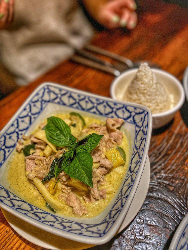 Green Curry · Heart of palm, Eggplant, pineapple and basil leaves with coconut milk. Served with jasmine rice. Spicy. Gluten free.