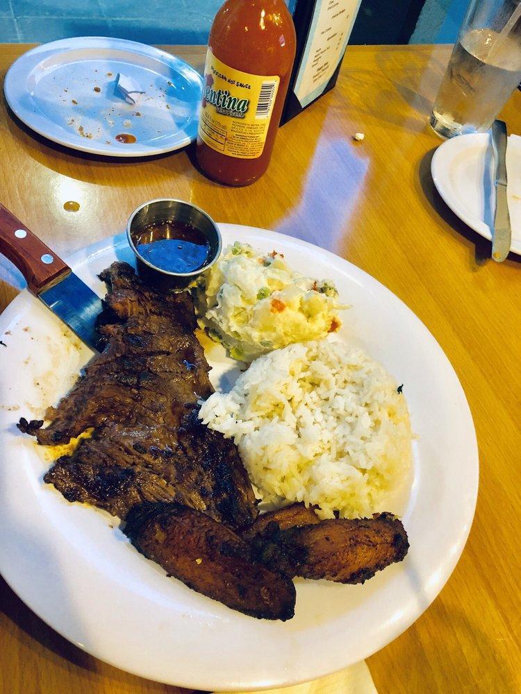 Churrasco Steak · Grilled skirt steak. Served with white rice and 2 sides with Argentinian chimichurri on the side.