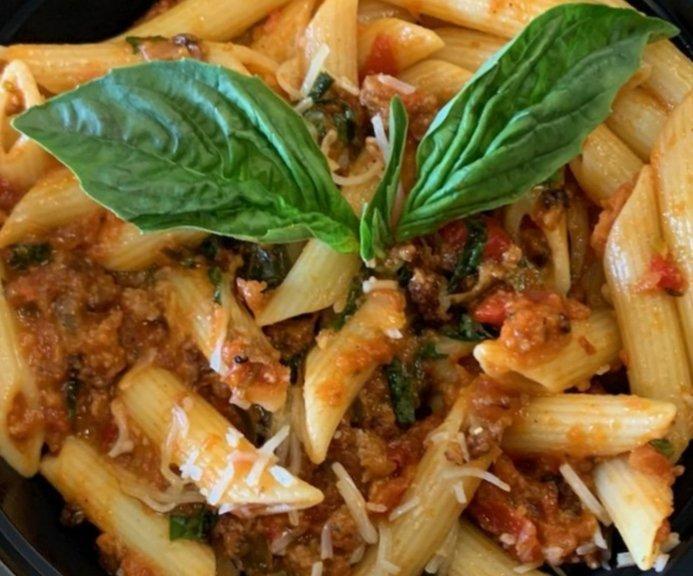 Sausage & Roasted Bell Pepper Penne Pasta · Narrow tube shaped pasta.