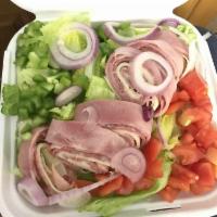 Antipasto Salad · Lettuce, tomato, onions, green peppers, ham, salami and provolone. Included a side of Garlic...