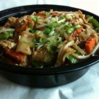 Crazy Noodles · Stir-fried wide noodles with egg, carrots, bean sprouts, and peapods.
