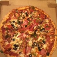 Supreme Pizza · Pepperoni, sausage, mushrooms, black olives, Canadian bacon, bell peppers, red onions.