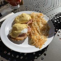 Eggs Benedict · Poached eggs on English muffin with Canadian bacon and hollandaise.