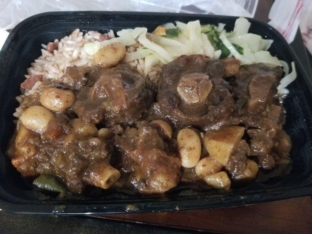 Oxtail · Served with choice of side: Rice and Peas or White Rice, Steamed Vegetables and Plantains
