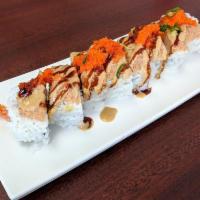Tiger Maki · Shrimp tempura maki with spicy ahi, tobiko and green onion on top with spicy ahi sauce and u...