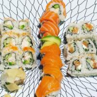 Portland Roll · Raw. Salmon, real crab, cucumber, onion, and sesame seed.