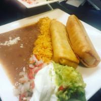Chimichangas · Two crispy deep fried flour tortillas stuffed with your choice of chicken or beef, onions, s...