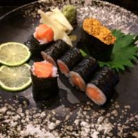 King Salmon Lover Roll · Spicy tuna, avocado inside, top with wild king salmon , tobiko & scallion.