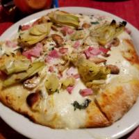 White Pizza · Alfredo sauce, basil, mozzarella, artichoke hearts, mushrooms, pine nutes, and Canadian bacon.