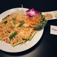 Pad Thai · Thin rice noodle sauteed bean sprouts, scallion, egg and a choice of protein served with cra...