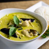 Green Curry · Green curry paste, thai basil leaves, eggplant, bamboo shoot and a choice of protein in coco...