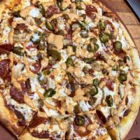 Chicken Chipotle Pizza · Jalapenos, sausage, tomatoes, salami, chipotle homemade.