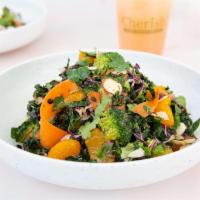 Cherish Chop Salad · Chopped Kale / Red Cabbage / Brussel Leaves / Beluga Lentils / Broccoli Florets / Carrots / ...