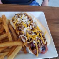 Chili Cheese Dog · 100% all-beef char-grilled and smothered with our house-made chili, shredded cheddar cheese,...
