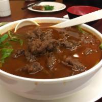 Braised Beef Brisket Noodle Soup with Spinach · 