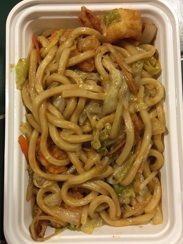 Yaki Udon · Choice of chicken, beef or shrimp stir fried noodles and vegetables with kani on top. Served with salad.