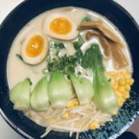 Vegetable Ramen · Delicious homemade vegetable broth with corn, bok choy, bamboo, sprout with your choice of e...