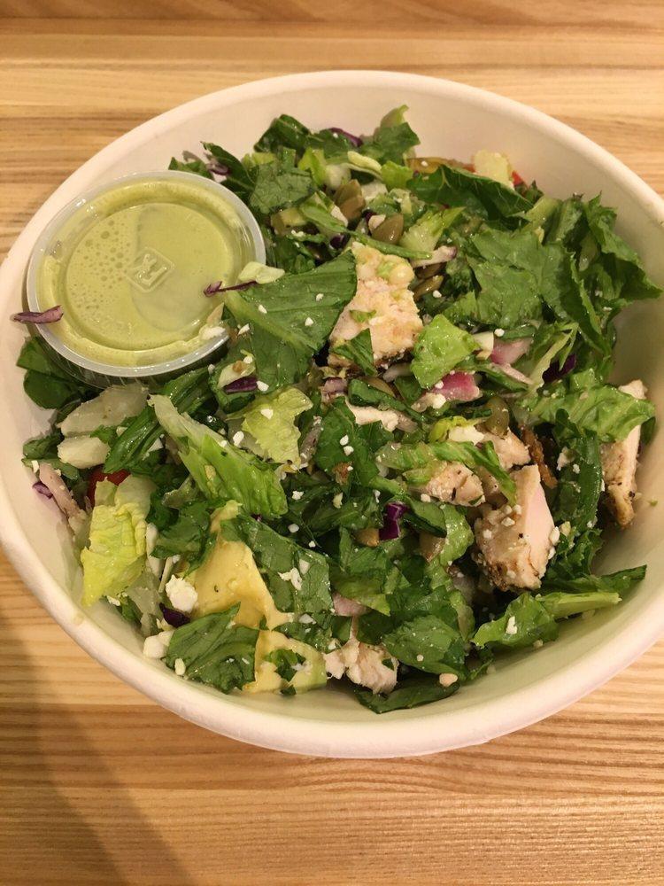 Ensalada Mexicana · Avocado, teardrop tomatoes, pickled red onions, grilled corn, crispy jalapenos, pepitas, cotija cheese, romaine and cabbage mix jalapeno honey lime.