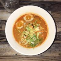 Spicy Miso Ramen · Chicken broth and spicy miso broth topped with chili oil, chahsu, seasoned egg, bean sprouts...