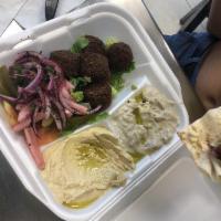 Falafel Platter · Falafel, hummus, baba ganoush, salad and tahini sauce.