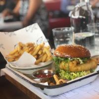 Batter Dipped Cod Sandwich · Shredded lettuce, pickles and tartar sauce. With choice of side.