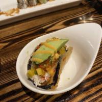 Eggplant Taco · Deep-fried eggplant in tempura batter, stuffed with spicy tuna or crab salad, shredded green...