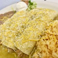 Enchiladas · 2 rolled corn tortillas stuffed with choice of meat shredded chicken, beef, pork, vegetables...