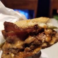 Peanut Butter Pickle Bacon Burger · Peanut butter sauce, pickle, bacon, mayo, grilled onion and house sauce. Every burger comes ...