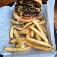 Bender Burger · Bacon, spicy BBQ, crispy jalapenos, house sauce, grilled onion and cheddar. Every burger com...