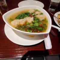 Wonton Soup No Noodles · Fresh wontons stuffed with shrimp and ground chicken, and yu choy. Topped with green onion a...