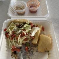 1 Veggie Pupusa, with Fried Yucca and 1 Veggie Taco Meal · 