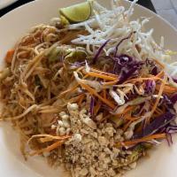 Pad Thai · Chicken, pork or tofu. Stir-fried thin rice noodles, with egg, onions, bean sprouts and pean...