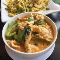 Panang Curry · Red panang curry with coconut milk. Thai basils and bell peppers. Served with rice. Gluten-f...