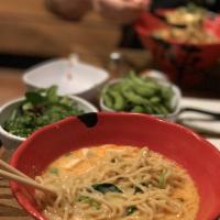 Spicy Creamy Vegan Ramen · Vegetable broth tofu, onion, green onion, broccolini, spinach, crispy onion, garlic chips, g...