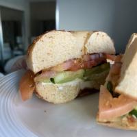 California Bagel · Toasted bagel, cream cheese, avocado, tomato, cucumber and onion.