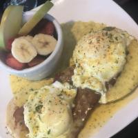 Bacon Benedict Breakfast · 2 poached eggs on a scratch made biscuit or English muffin, bacon and fresh house made holla...