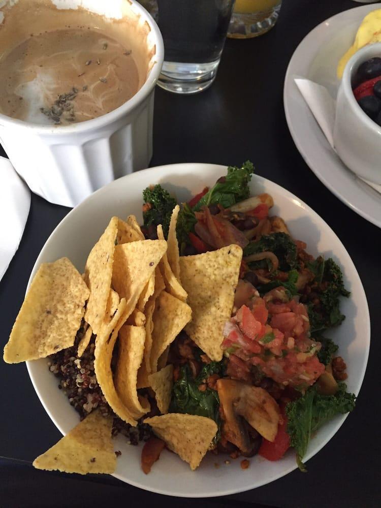 I Heart Vegan Bowl · Sauteed roasted red pepper, soyrizo, mushroom, onion, spinach, kale, black beans, and organic quinoa topped with salsa, avocado and corn tortilla chips. Vegan.