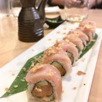 Crispy Albacore Roll · Spicy albacore with cucumber topped with albacore sashimi and crispy onion.