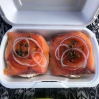 Nova Lox Sandwich · Smoked salmon, cream cheese, tomato, red onion and capers.