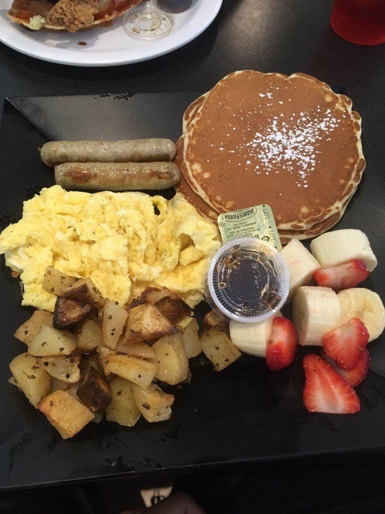 Breakfast Platter · 2 eggs any style, potato, fresh fruits and a pancake or toast with your choice of ham, bacon, chicken or turkey sausage.