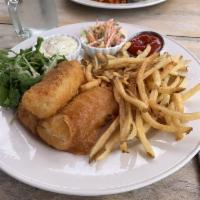 Fish and Chips · Beer battered cod fish filet, coleslaw, fries, house-made tartar sauce.
