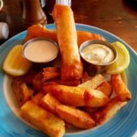 Fish and Chips · Fresh cod in a house-made beer batter and hand cut fries, served with malt vinegar mayo & ta...