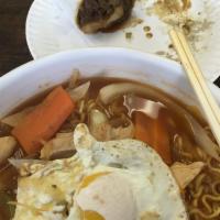 Chicken Ramen with Egg · Ramen noodles in white broth made from chicken and topped with vegetables
