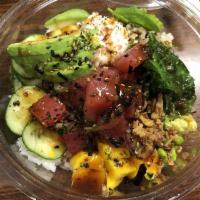 Aloha Poke Bowl · Protein: 2 scoops Fresh tuna, sauce: House poke (shoyu) mixed, In: fish egg and red onion, t...